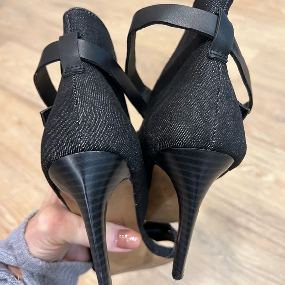 Joe’s Marcy Gray Denim High Back Crossed Front Heeled Sandal - Picture 11 of 16